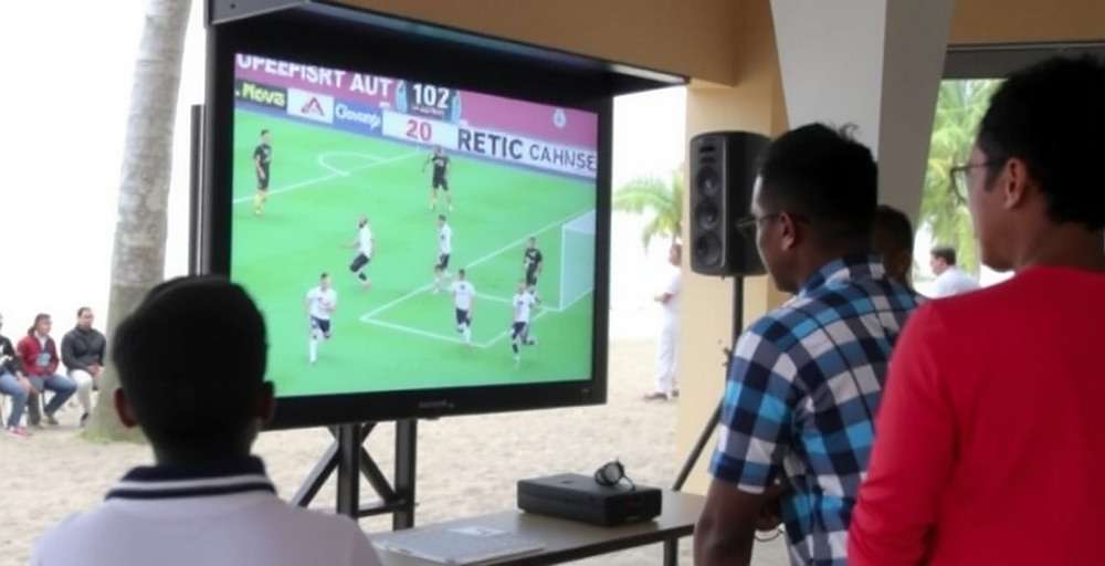 Goan Free Kick Experts Community Tournament Goan Free Kick Experts community tournament in Goa with players competing on large screens at a beachside venue